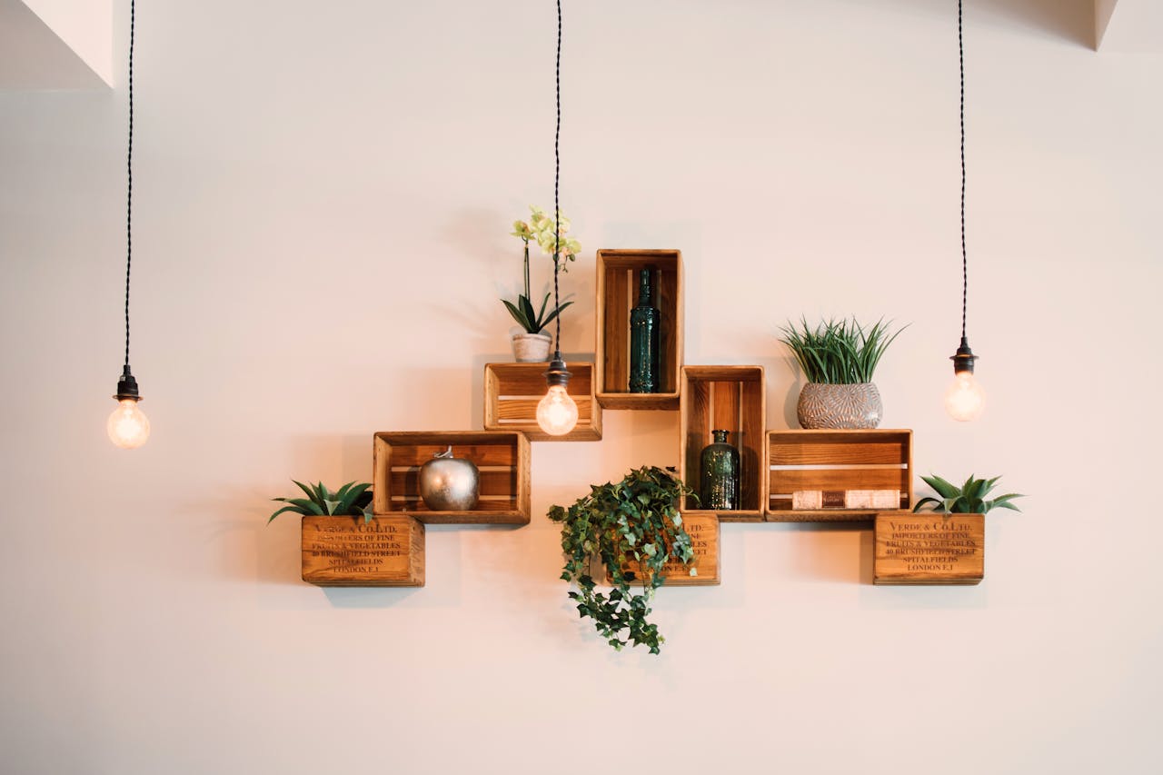 gallery-3 Contemporary wooden shelves with plants and decor, illuminated by hanging lights.